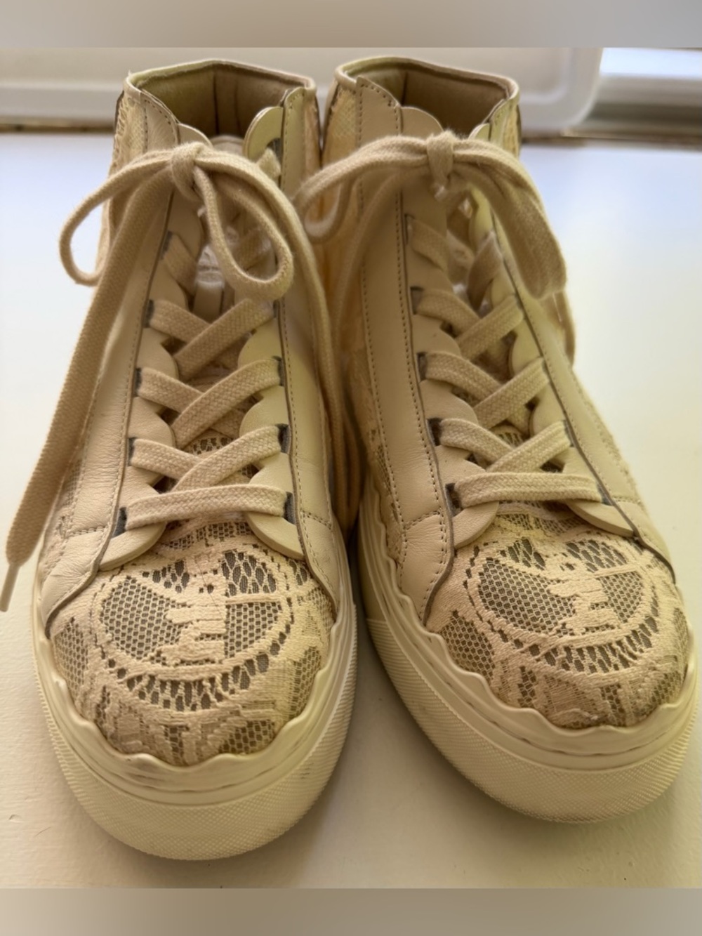 Chloe Beige Lace High-Top Women's Sneakers
